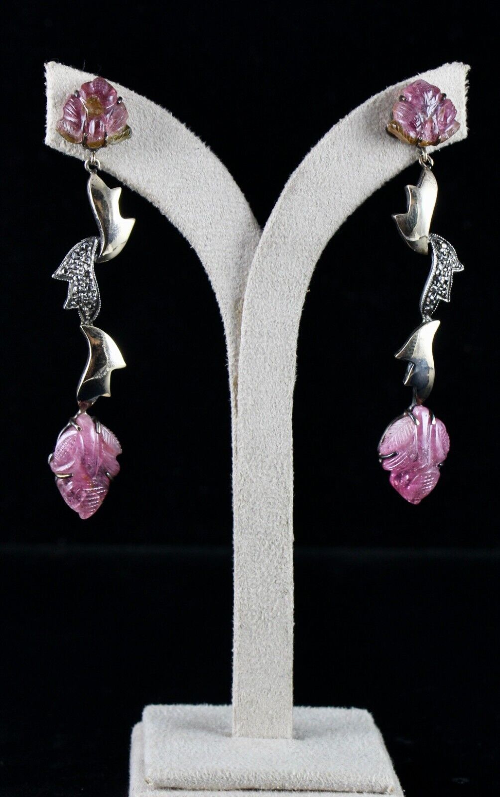 NAURAL PINK TOURMALINE CARVED DIAMOND 18K GOLD 925 SILVER VICTORIAN EARRING