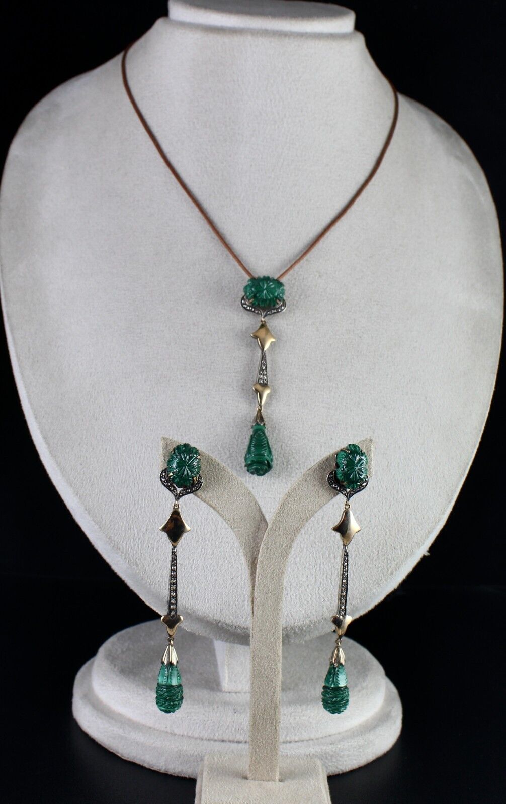 NATURAL MALACHITE CARVED DIAMOND SILVER 18K GOLD VICTORIAN PENDANT EARRING SET
