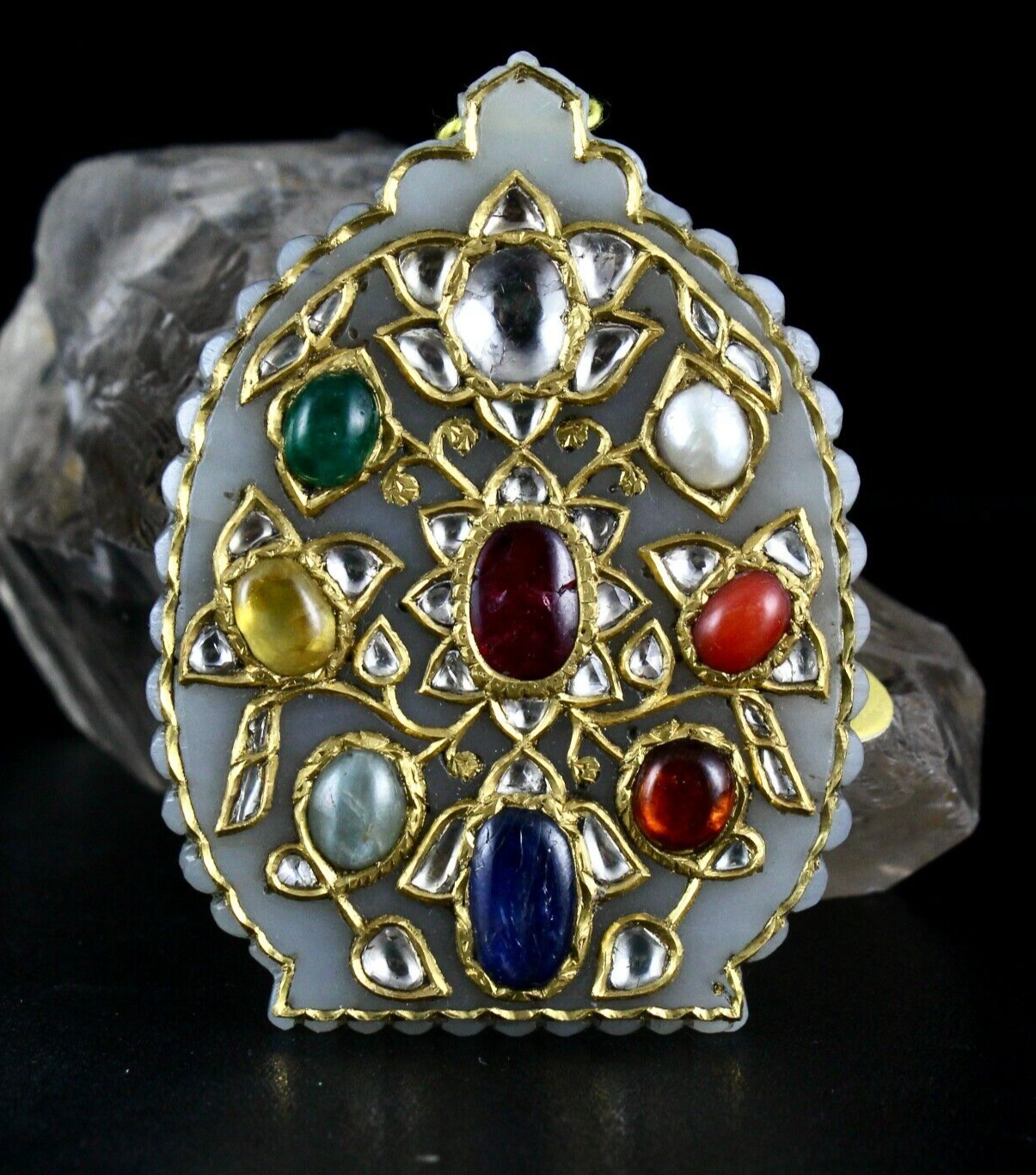 Certified Old Nephrite Jade 10ct Navratan Stone Natural Diamond 22k Gold Pendant