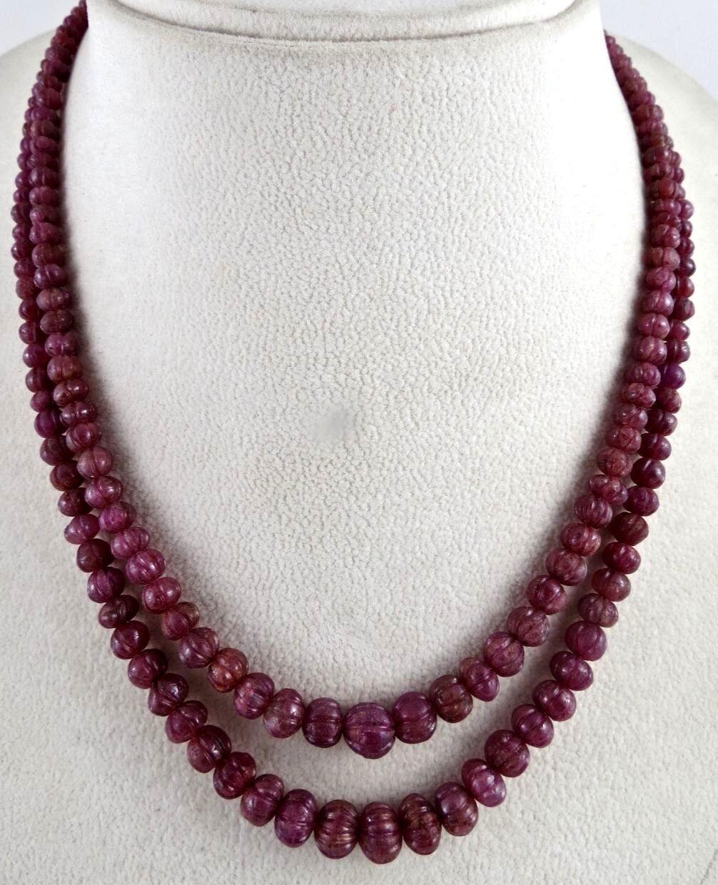 NATURAL RUBY CARVED MELON 276 CTS PRECIOUS GEMSTONE BEADS NECKLACE FOR LADIES