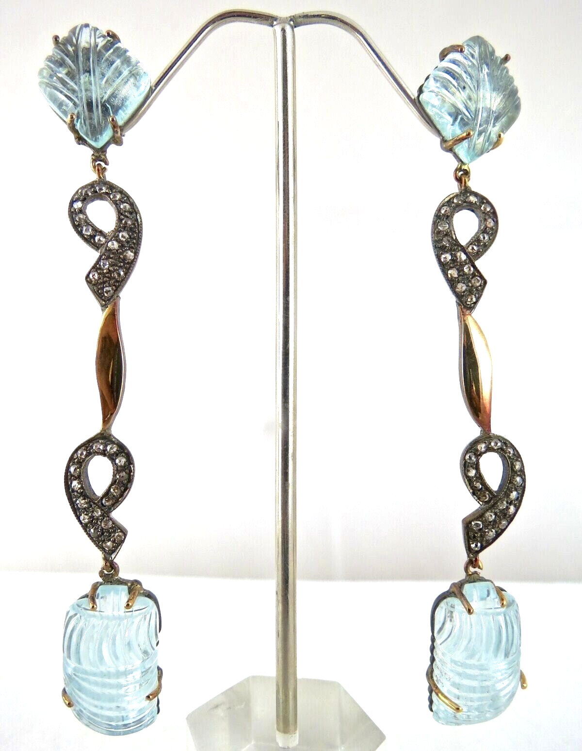 Certified 18k Gold Sterling Silver Natural Diamond Blue Aquamarine 92ct Earrings