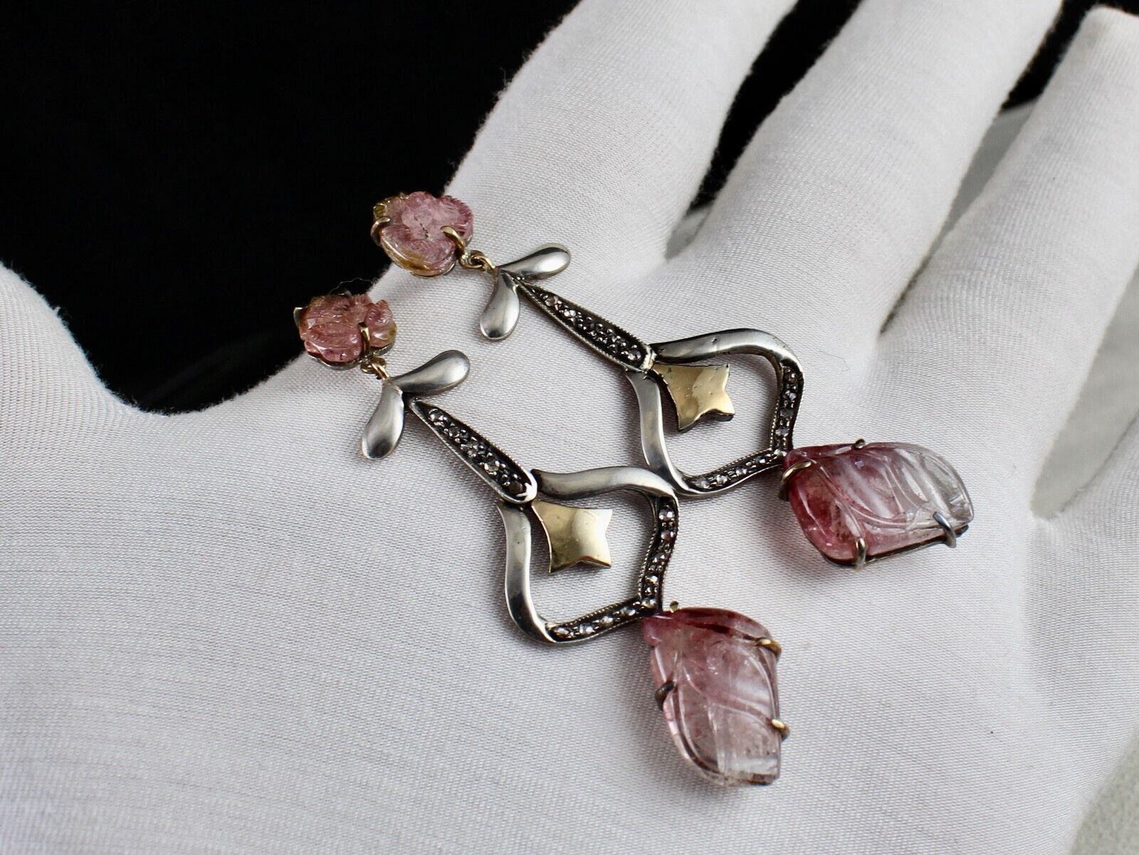 Natural Multi Tourmaline Carved Diamond 18K Gold Silver Victorian Fine Earring