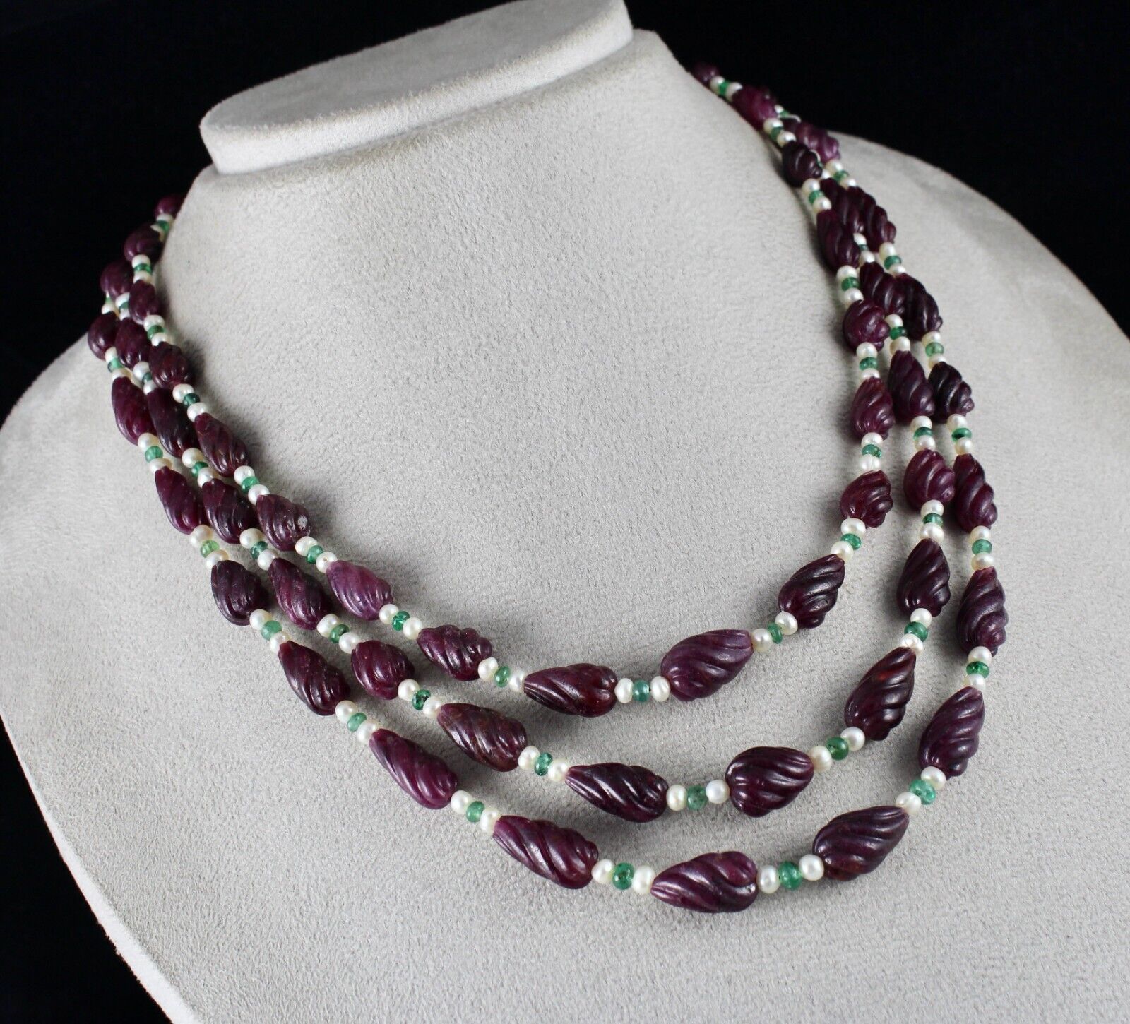 NATURAL RUBY BEADS CARVED TEAR DROPS 3 L 525 CTS EMERALD PEARL GEMSTONE NECKLACE