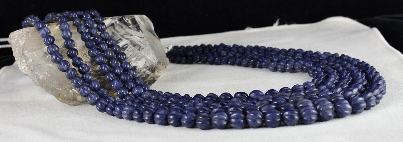 NATURAL BLUE JADE BEADS CARVED ROUND GEMSTONE 5 LINE 977 CTS FASHION NECKLACE