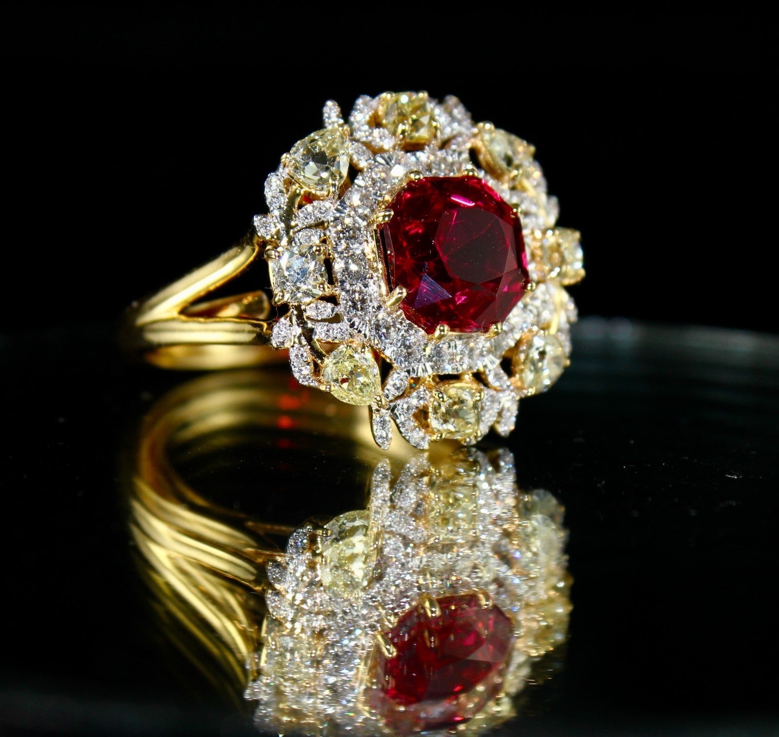 Certified Natural Red Spinel Ring Cut Diamond 18K Gold Statement Finest Jewelry
