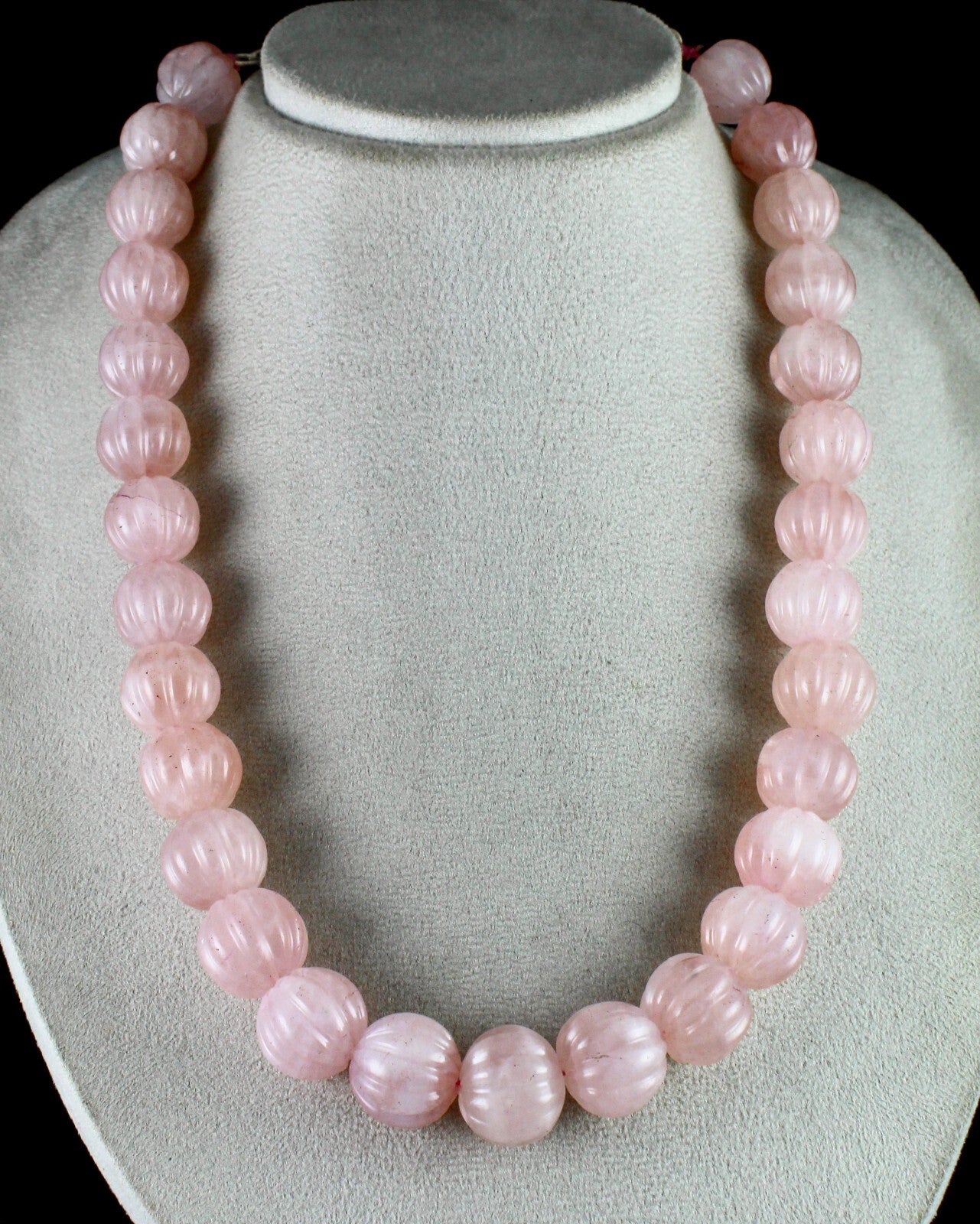 Natural Rose Quartz Melon Carved Beads Necklace 1185ct Gemstone Sterling Silver