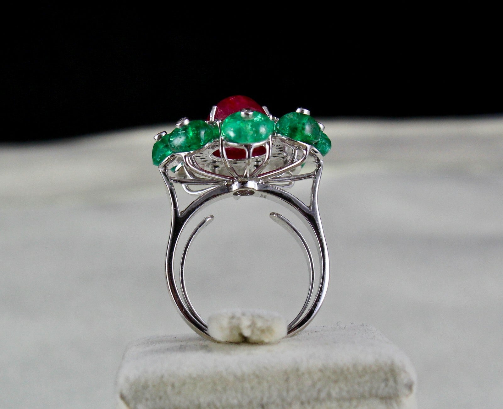 Certified Natural Burma Ruby 10ct Emerald Cabochon Natural Diamond 18k Ring