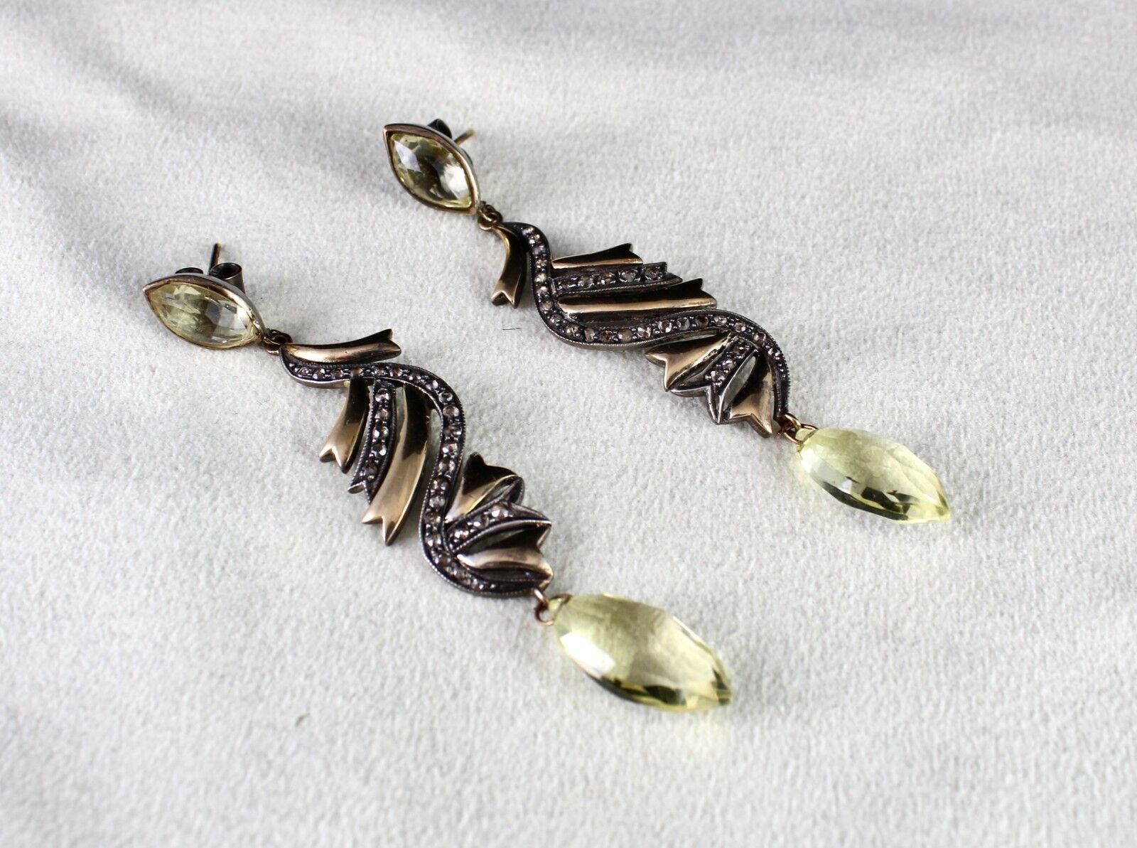 NATURAL LEMON QUARTZ TEAR DROPS DIAMOND 18K GOLD 925 SILVER VICTORIAN EARRING