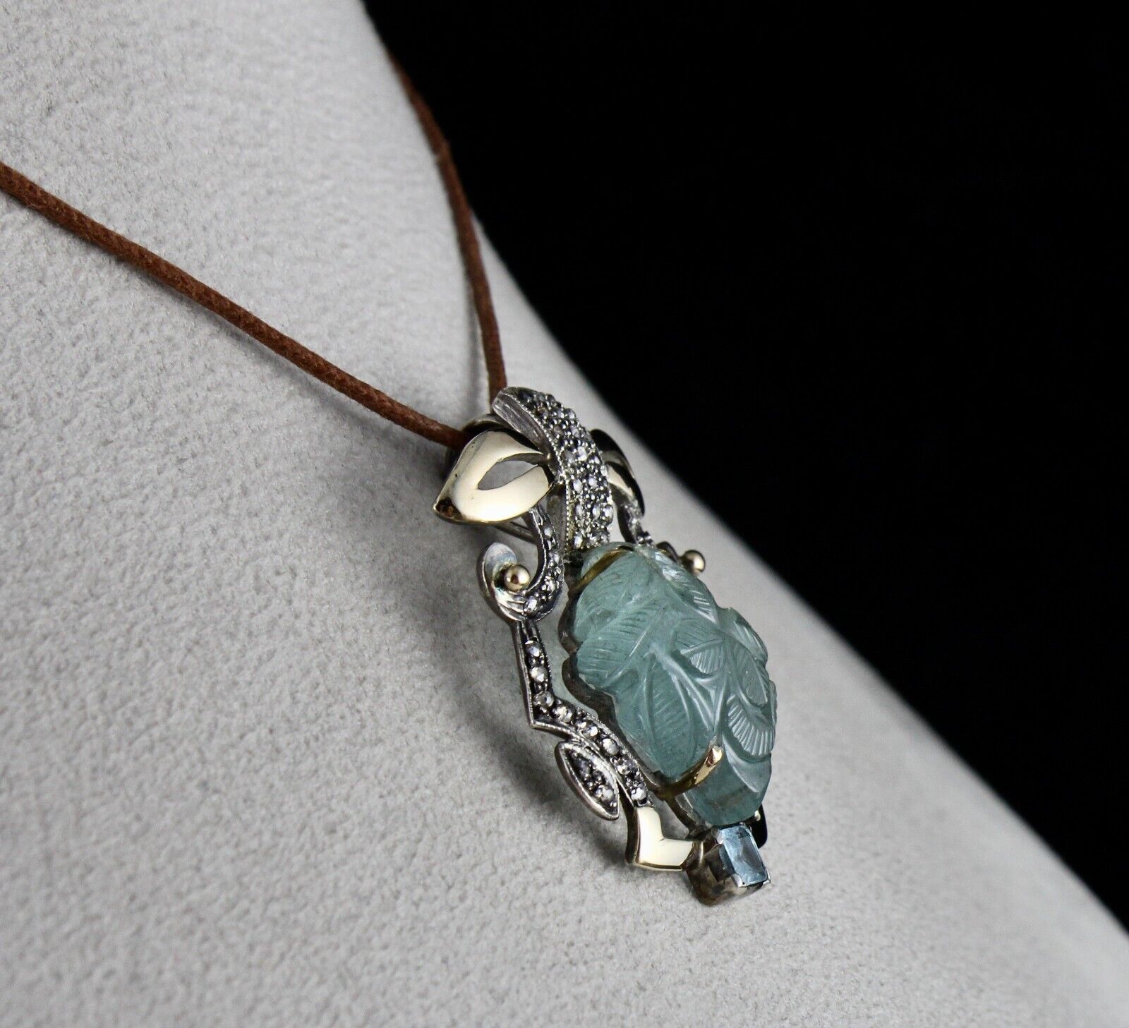Natural Blue Aquamarine Carved Diamond 18K Gold 925 Silver Victorian Pendant