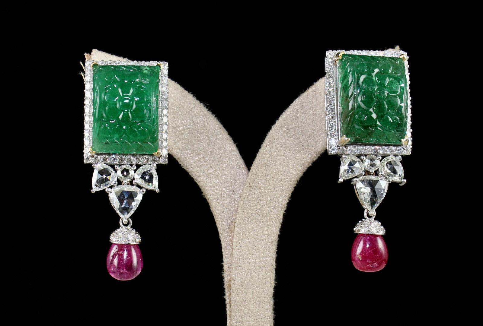 Certified 18k Gold Natural Zambia Emerald 119.2ct Ruby Diamond Earrings