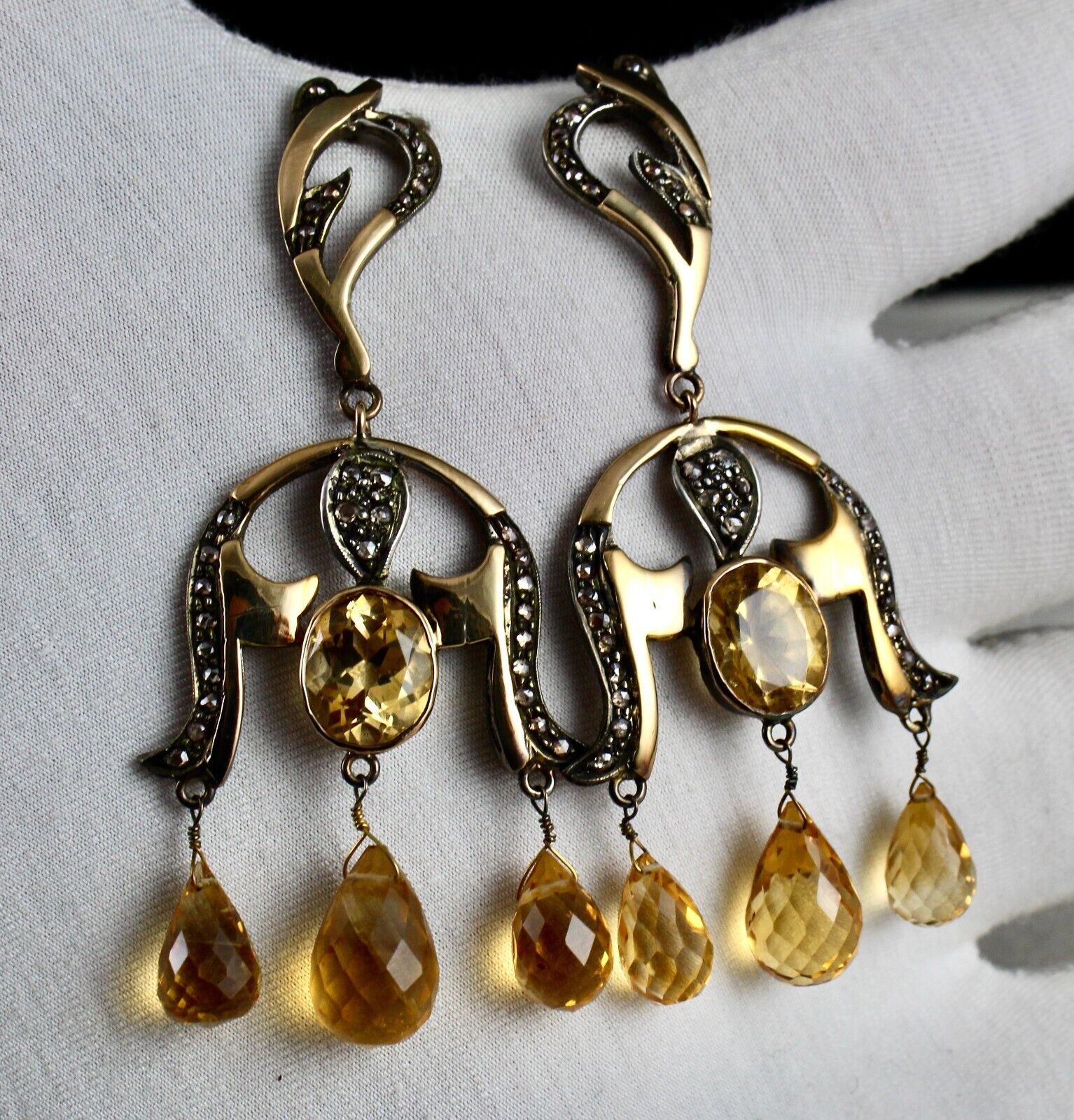 Natural Yellow Citrine Cut Diamond 18K Gold 925 Silver Victorian Vintage Earring