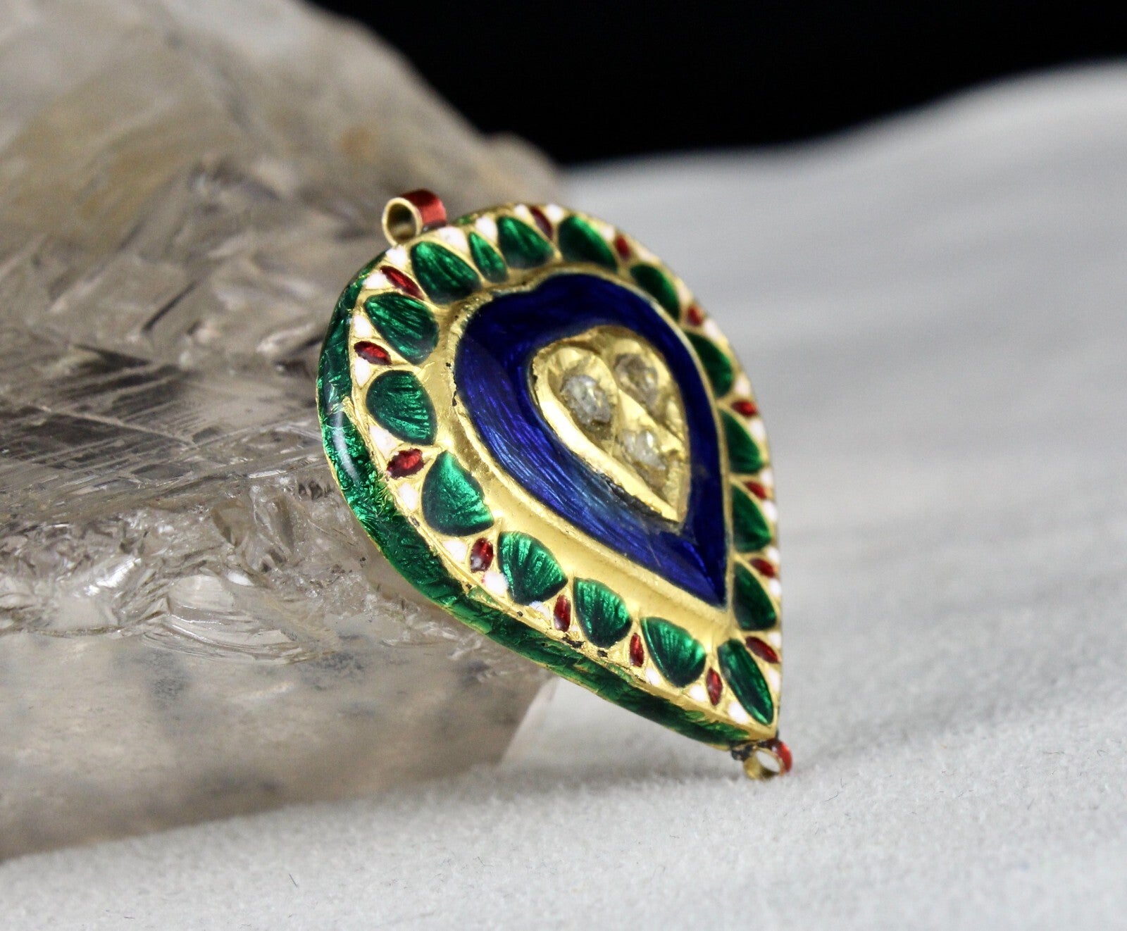 Antique Green Blue Jadau 62.75ct Natural Diamond 22k Kundan Meena Gold Pendant