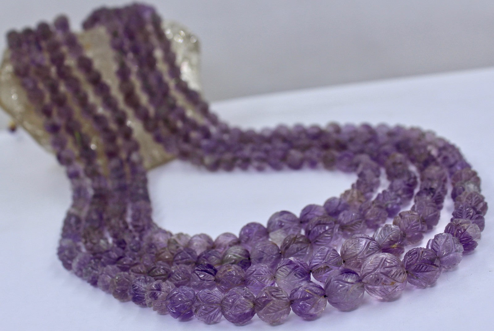 Certified Natural Amethyst 703 Ct Beads Carved Round Necklace For Ladies