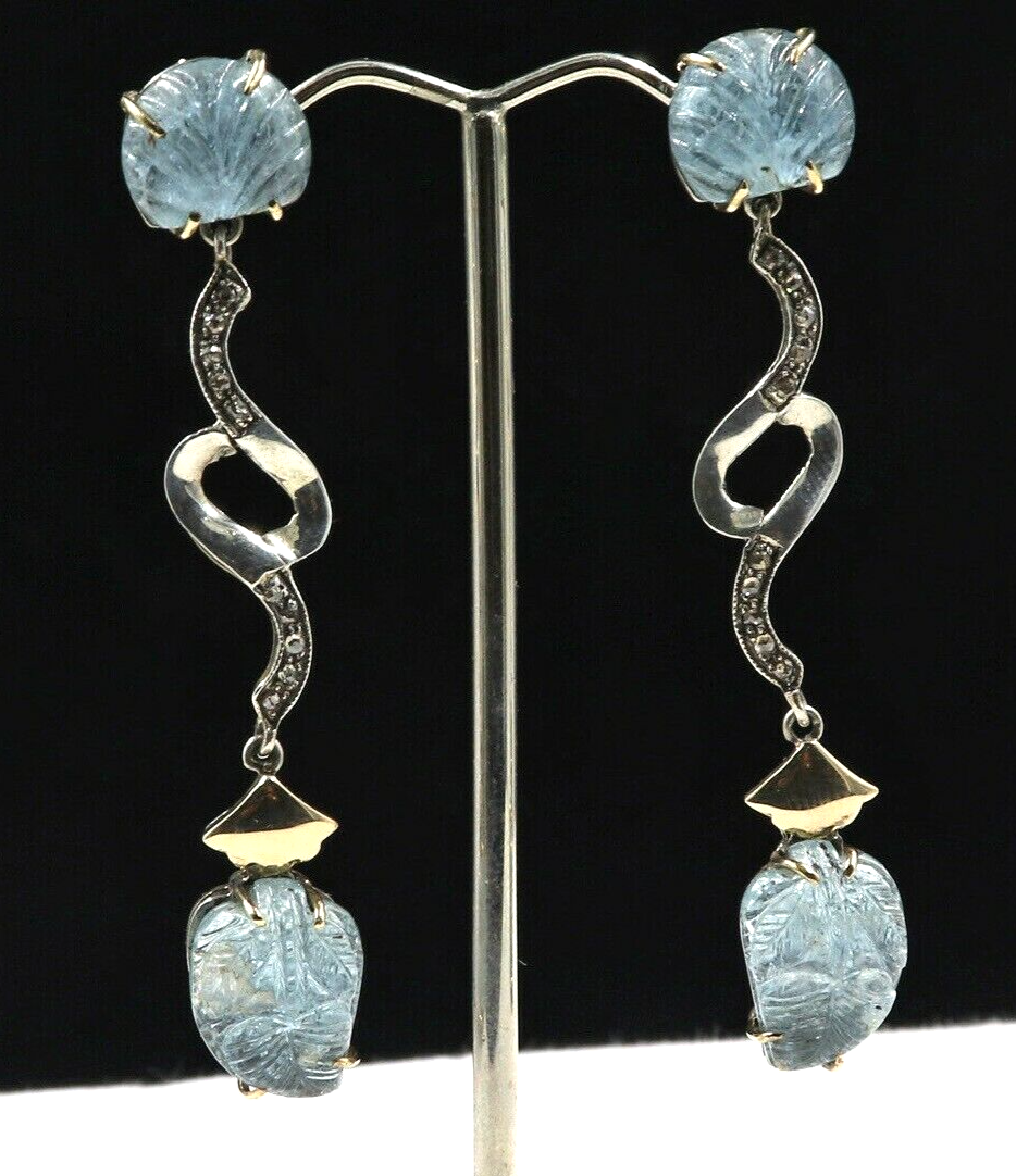 Natural Blue Aquamarine Carved Diamond 18K Gold 925 Silver Victorian Earring