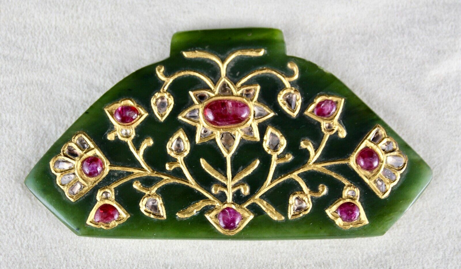 Natural Green Jade Old Pendant Flat Diamond Ruby 22K Gold Jadau Statement Piece