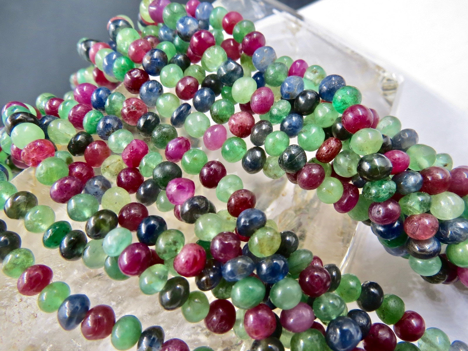 Certified Natural Emerald Ruby Sapphire Beaded Necklace 631 Ct Sterling Silver