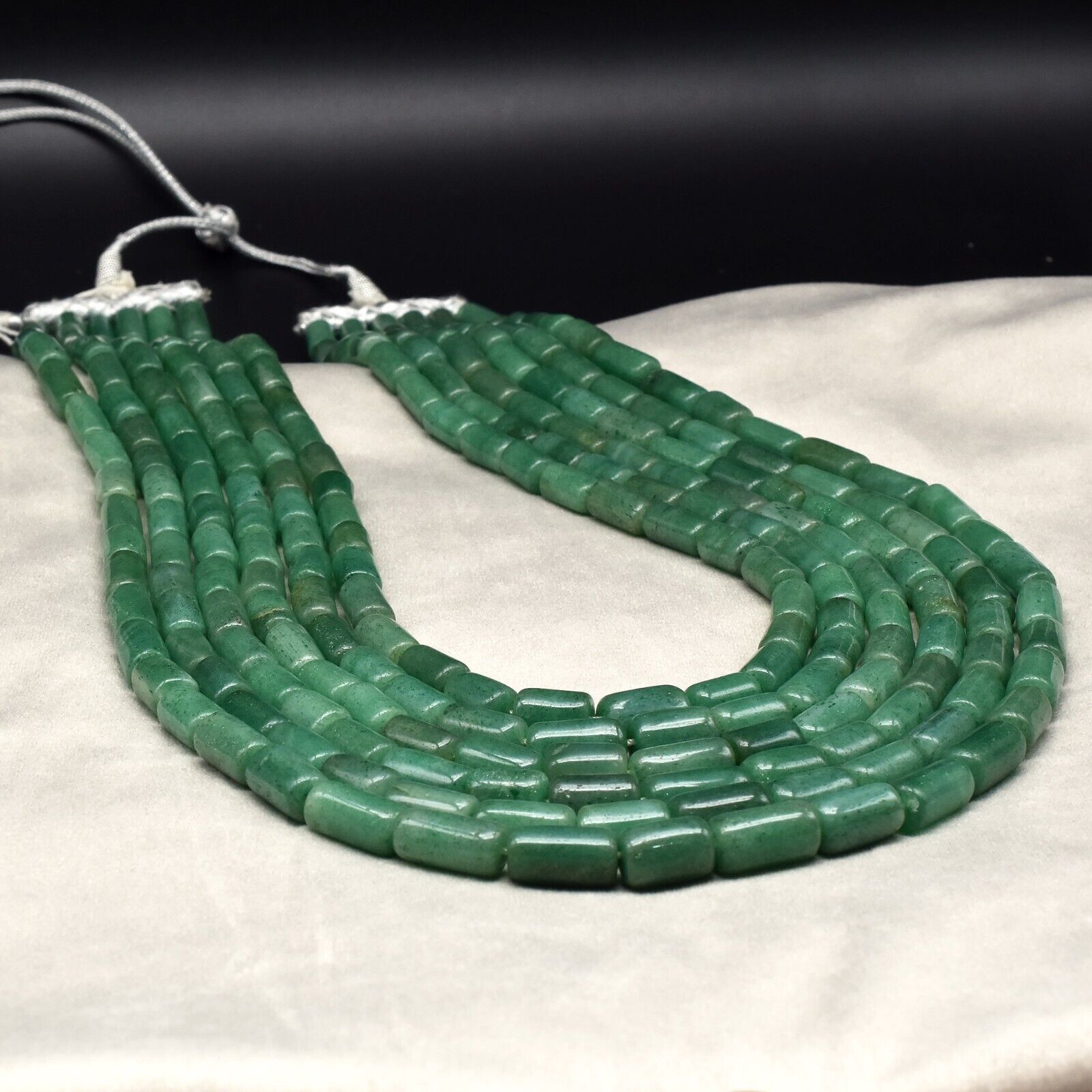Natural Green Quartz Aventurine Tube beads Necklace 6 L 1774 Ct Vintage Gemstone
