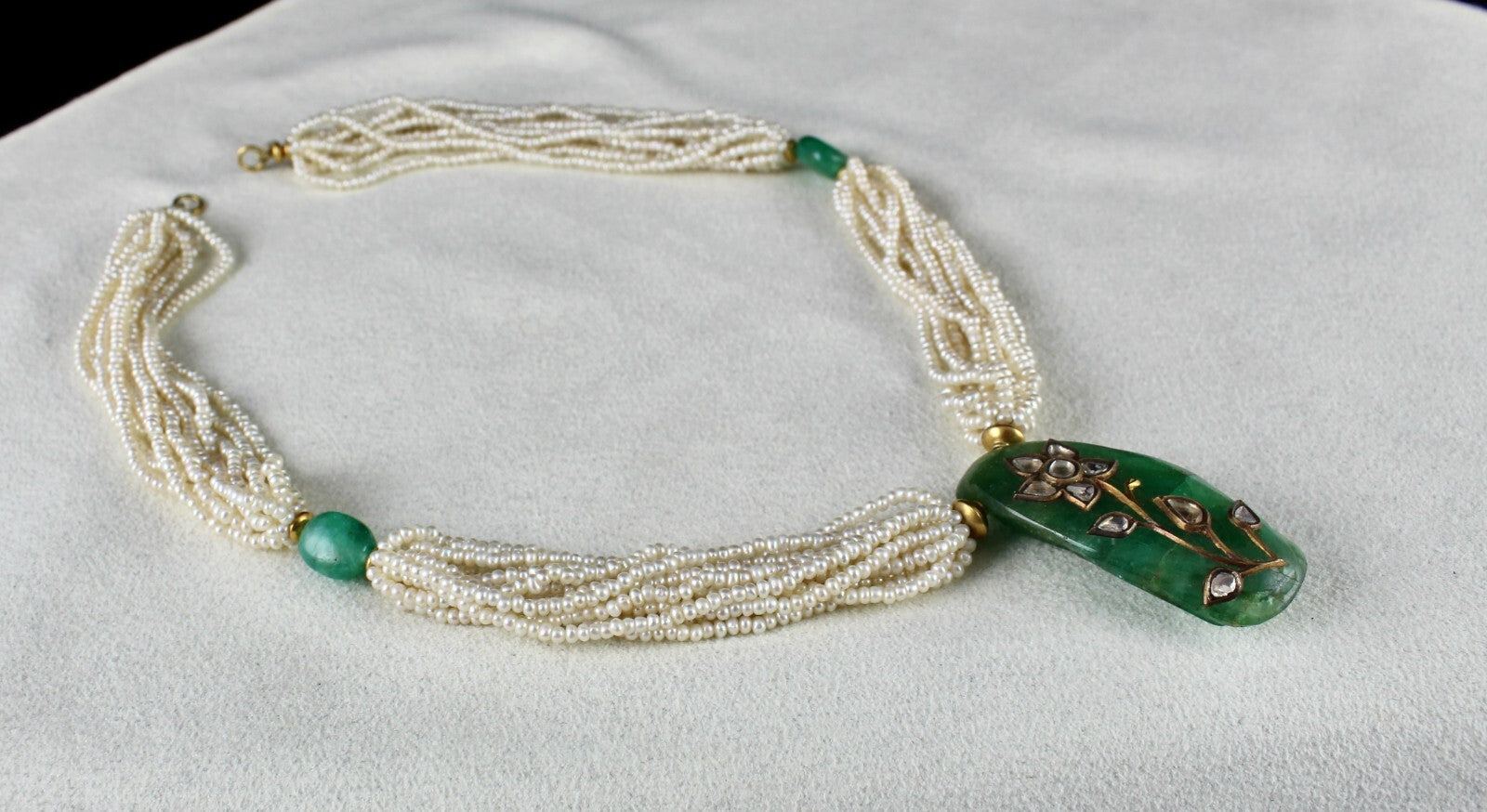 Certified Natural Emerald Cabochon 55ct Jadau Diamond 22k Gold Pearl Necklace