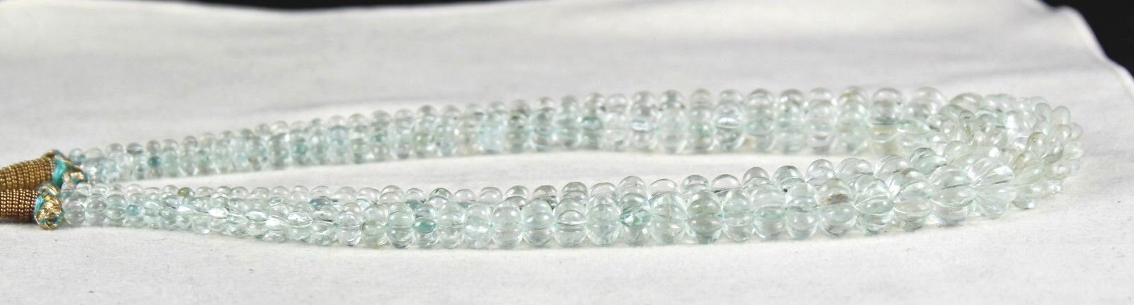 NATURAL AQUAMARINE BEADS CARVED 2 LINE 545 CARATS LADIES GEMSTONE MELON NECKLACE