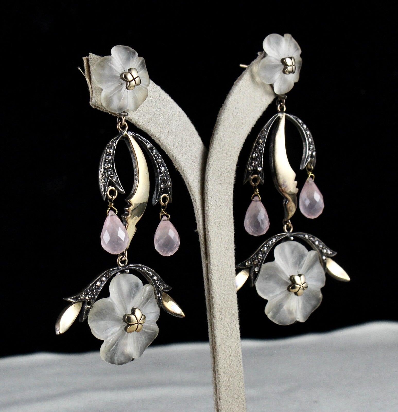 Natural Crystal & Rose Quartz 162.5ct Diamond 18k Gold Sterling Silver Earring