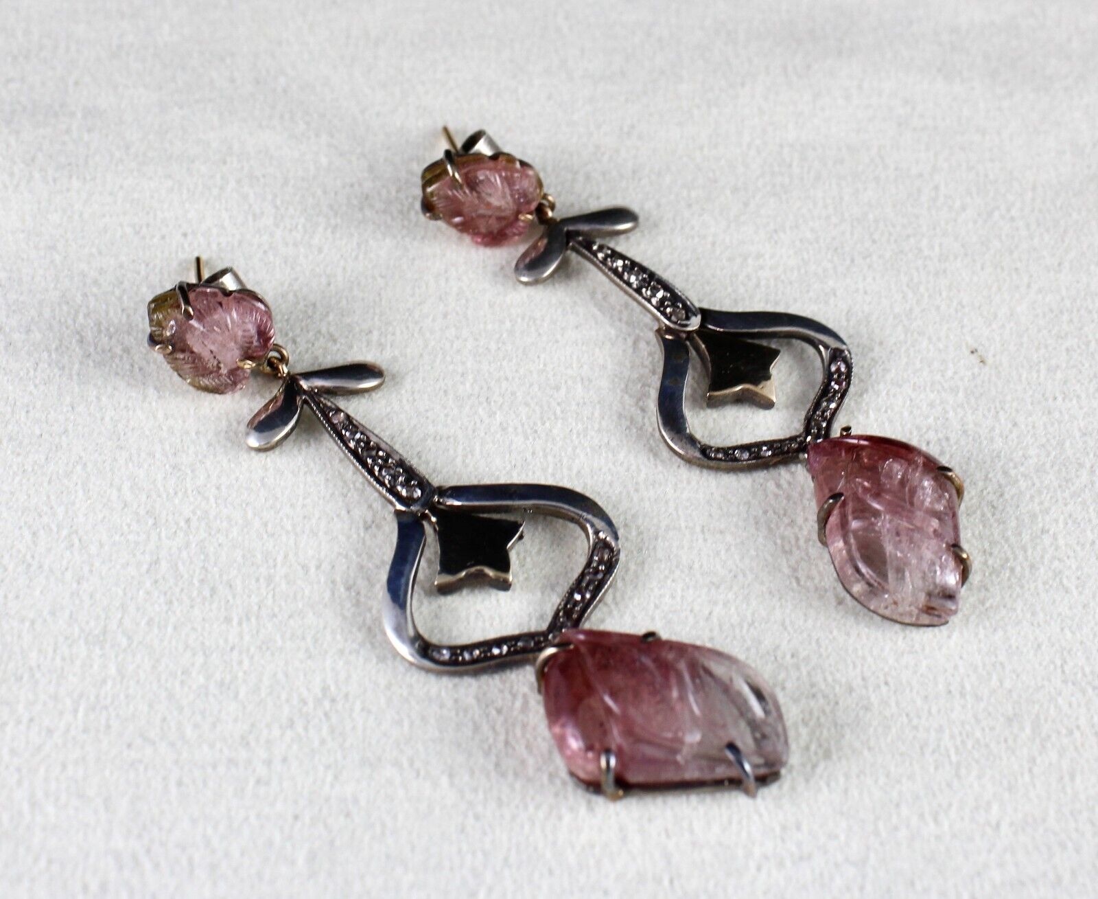 Natural Multi Tourmaline Carved Diamond 18K Gold Silver Victorian Fine Earring