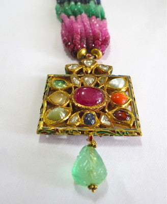 22k Gold Jadau Pendant Colombian Emerald 281ct Rainbow Beads Certified