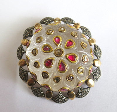 Certified Antique Natural Rock Crystal Jadau Rubies 10ct Sterling Silver Pendant