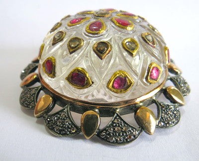 Certified Antique Natural Rock Crystal Jadau Rubies 10ct Sterling Silver Pendant