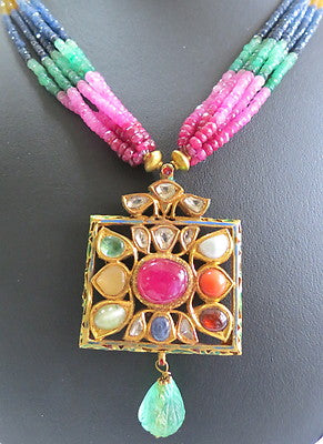 22k Gold Jadau Pendant Colombian Emerald 281ct Rainbow Beads Certified