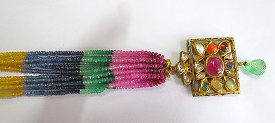 22k Gold Jadau Pendant Colombian Emerald 281ct Rainbow Beads Certified