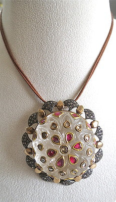 Certified Antique Natural Rock Crystal Jadau Rubies 10ct Sterling Silver Pendant