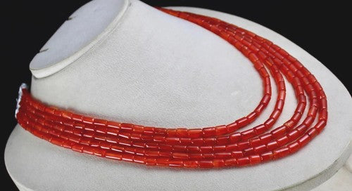 Natural Red Carnelian Gemstone Necklace 492 Ct Fancy Tube Beads 5 Line
