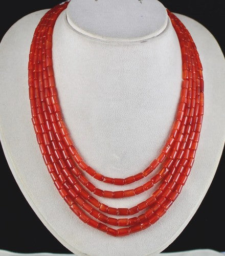 Natural Red Carnelian Gemstone Necklace 492 Ct Fancy Tube Beads 5 Line