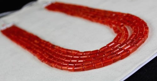 Natural Red Carnelian Gemstone Necklace 492 Ct Fancy Tube Beads 5 Line