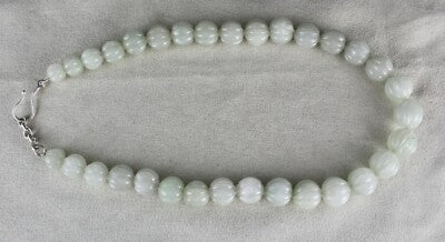 Natural Aventurine Jade 568 Ct Carved Melon Gem Beads Sterling Silver Necklace