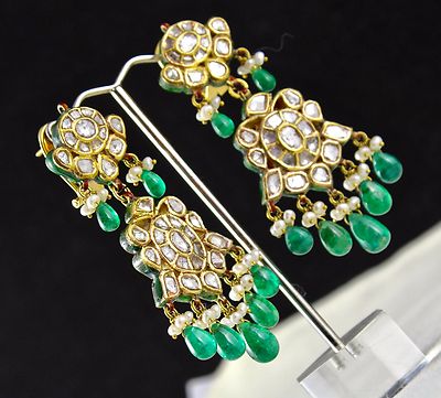 Certified Natural Diamond Pearl Emerald Meena 22k Gold Necklace Earring Set 10ct