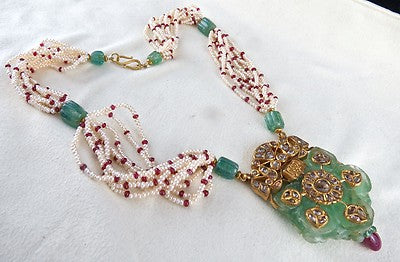 Certified Natural Colombian Emerald 10ct Ruby Diamond 18k Gold Pearl Pendant