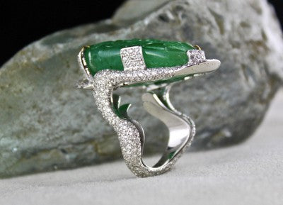 Certified Estate Zambian Emerald 10ct Carved Natural Diamond 18k Gold Ring
