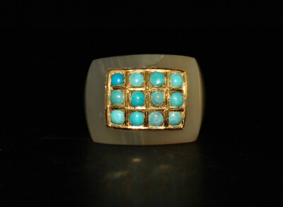Antique Yellow Chalcedony 10ct Blue Turquoise 22k Gold Classic Ring For Women