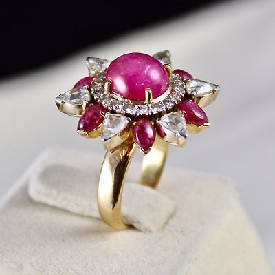 Certified Natural Ruby 62.85ct Cabochon Natural Diamond 18k Gold Cocktail Ring