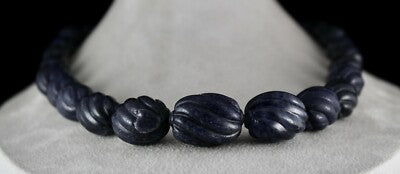 Blue Jade Carved Beaded Necklace 1 Line 1301 Ct Natural Stone Sterling Silver