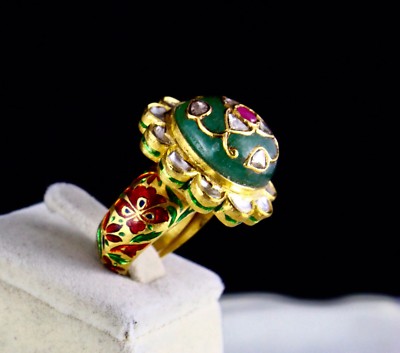 Certified Natural Emerald Ruby Cabochon Natural Diamond 22k Gold Jadau Ring