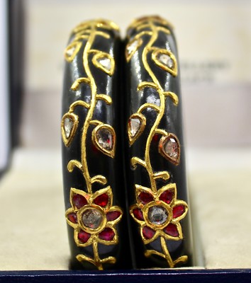 22k Yellow Gold Black Jade Bangle Pair Ruby 10ct Natural Diamond Jadau Certified