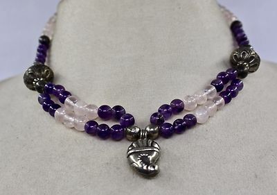 Sterling Silver Vintage Amethyst Ct Rose Quartz Beads Pendant Fashion Necklace