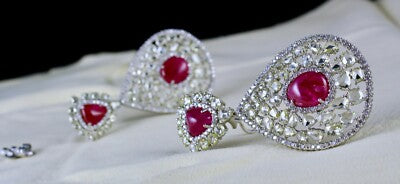 Certified Burma Ruby 200ct Natural Rose Cut Diamond 18k Gold Cocktail Earrings