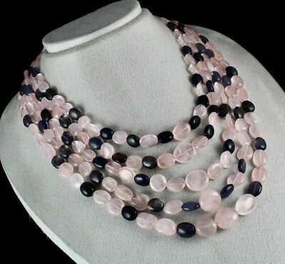 Natural Rose Quartz 826 Ct Iolite Beads 5 Line Fashion Gemstone Necklace