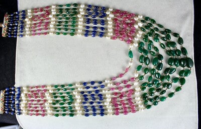 Certified Natural Ruby 976ct Blue Sapphire Emerald Pearl 18k Gold Necklace