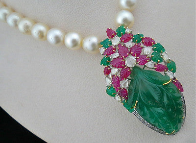 Certified Vintage Old Emerald 10ct Ruby Natural Diamond Pearl 18k Gold Necklace