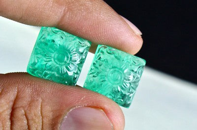 Certified Natural Emerald Mughal Engraved 15mm Square 28.70 Ct Earring