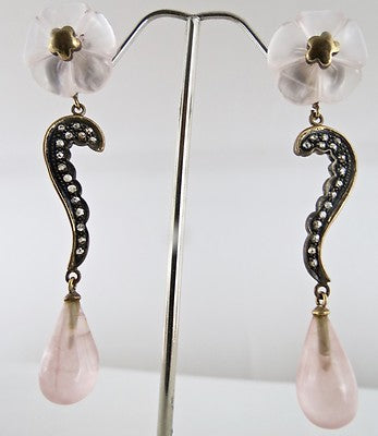 Natural Victorian Rose Quartz 77ct Diamond Flower Earrings 18k Gold 925 Silver